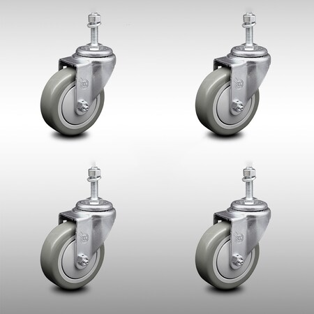 Service Caster 4 Inch SS Gray Polyurethane Wheel Swivel 3/8 Inch Threaded Stem Caster Set SCC SCC-SSTS20S414-PPUB-381615-4
